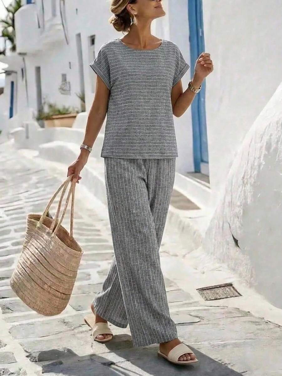 Women's Vacation Casual Striped Top And Pants 2 Pieces Set - Grey - View 1