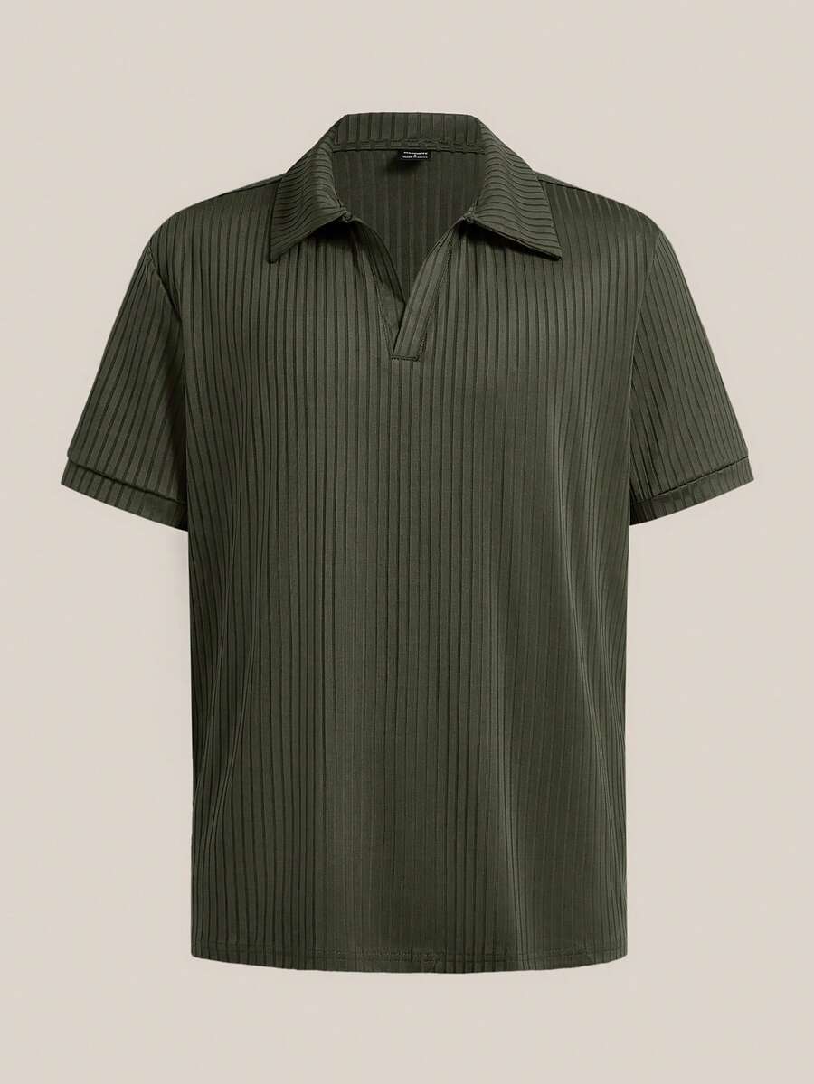 VeloEdit 男士純色夏季休閒時尚短袖 Polo 衫，羅紋軍綠色，老錢風極簡風格，男友風穿搭 - 軍綠色 - 查看 1