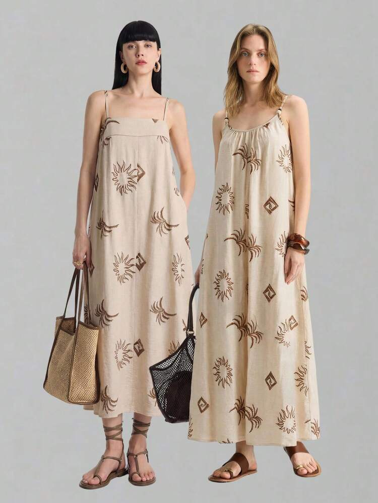 Women's Multi-Color Khaki Vacation Embroidered Fabric Comfortable Spaghetti Strap A-Line Dress With Pockets, Bohemian Style Beach Vacation Outfit, Suitable For Music Festival, Western Style, High-Quality Fabric, Comfortable, Versatile, Modern Urban Casual Dress Bohemian Style Vacation Outfits Seaside Women's Clothing Bohemian Style Vacation Outfits Seaside Women's Clothing Street Fashion Wear, Clothing, Coffee Shop, Relaxed Wear All-Season