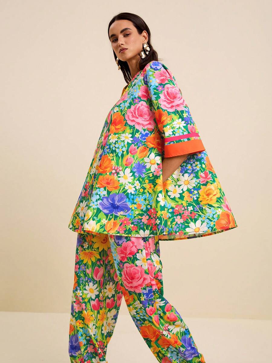 SURIMA Women's Luxury Green Floral Summer Boho Holiday Tea Party Holiday Colorful Tropical Print V-Neck Short Sleeve Shirt & Drawstring Pants 2-Piece Set - Multicolor - View 1