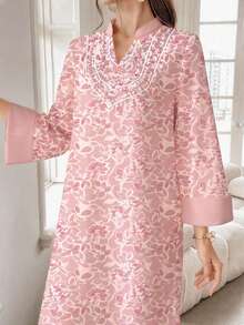 SHEIN Najma Floral Silhouette Print V-Neck Long Sleeve Maxi Dress, Elegant Arabic Style Vacation & Daily Wear, Spring/Summer - Multicolor - View 3
