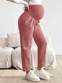 SHEIN Pantalones casuales de maternidad con textura, versátiles y ajustables en la cintura - Óxido marrón - Ver 6