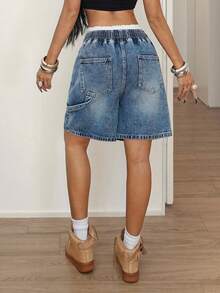 StreetHx Women's Casual Elastic Waist Denim Shorts With Pockets - Blue - View 2