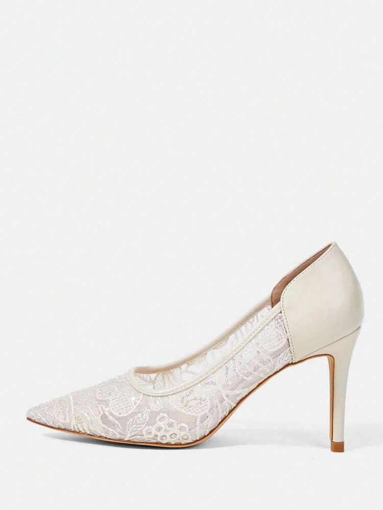 CUCCOO HITCHD Women Shoes Spring And Summer New Beige Lace Mesh Pointed Head Thin Heel High Heel Low Vamp Women's High Heel Shoes Daily Versatile Wedding Dinner Party Wear Women's Shoes