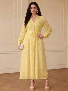 ZEYLAH Plus Size Women V-Neck Twist Waist Casual Party Dress Fall - Yellow - View 4