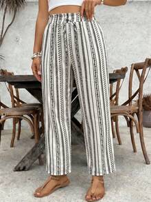 SHEIN VCAY Quần ống rộng kẻ sọc phong cách Bohemian dành cho nữ cỡ lớn, có dây rút ở eo và gấu quần xếp ly. - trắng - Xem 5