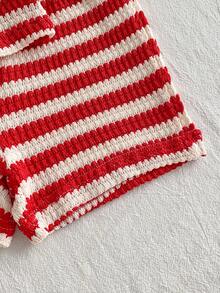 Playful Pals Babygirl Christmas Holiday Outfits Red And White Stripe Summer Cute Vacation 2pcs Suit,Knitted Jacquard Red Halter Top And Shorts For Party,Beach - Red and White - View 9
