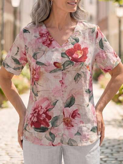 EMERY ROSE V领印花休闲百搭衬衫，适合中老年女性