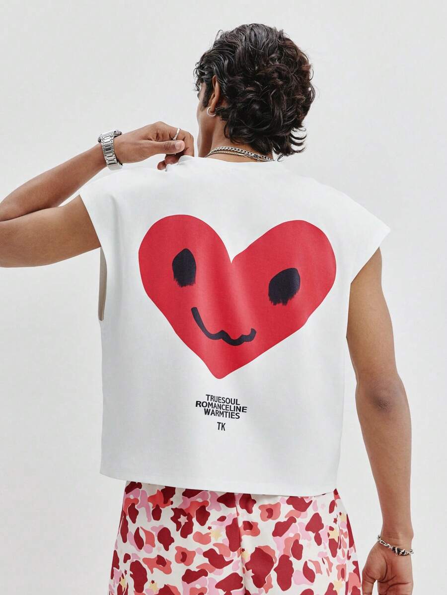 TOKVUE Camiseta de tirantes para hombre con estampado de corazón & letra, vacaciones - Blanco - Ver 1