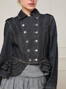 COUREZ 修身牛仔鼓手夹克，荷叶边下摆，水洗效果/Y2K风格夏季女装，牛仔外套，外出装，派对装，音乐节装，夏季女装 - 黑色 - 查看 7