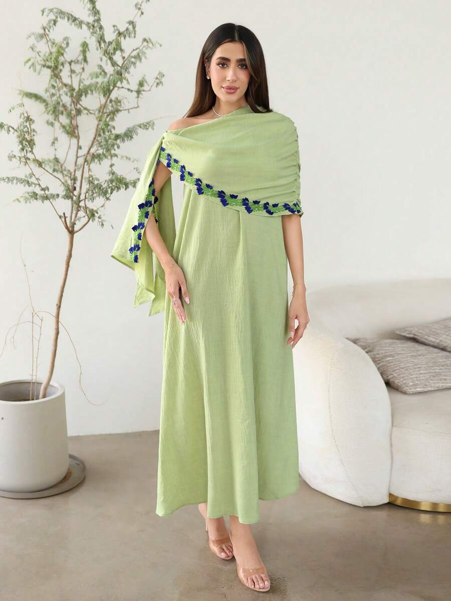 Al Najma 女士蕾丝拼接褶皱不对称肩部休闲派对阿拉伯连衣裙 - 綠色 - 查看 1