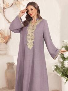 Al Najma Gaun Kerah Tegak dengan Bordir Motif Bunga, Gaya Elegan - Dusty Purple - View 1