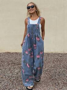 Livesso Mono vaquero holgado de pierna ancha con pliegues y estampado floral para mujer - Azul - Ver 4