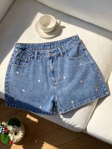 Comfortcana Quần short denim nữ kiểu dáng thường ngày, thêu hoa, thích hợp cho mùa hè. - Rửa trung bình - Xem 2