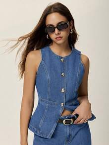 Poéselle Bộ đồ denim nữ dáng thường ngày gồm áo cổ tròn cài cúc đơn và quần dài. - Màu xanh lam - Xem 6