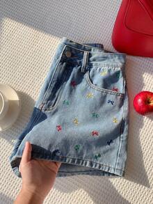 SHEIN MOD 女款蝴蝶結刺繡口袋休閒牛仔短褲，嬰兒藍，夏季，可愛，城市旅行，節慶海灘度假生日 - 藍色 - 查看 7