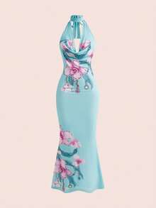 ROMWE Y2K Vestido sexy vazado com detalhes florais em renda para férias de verão na praia. - Azul - Ver 6
