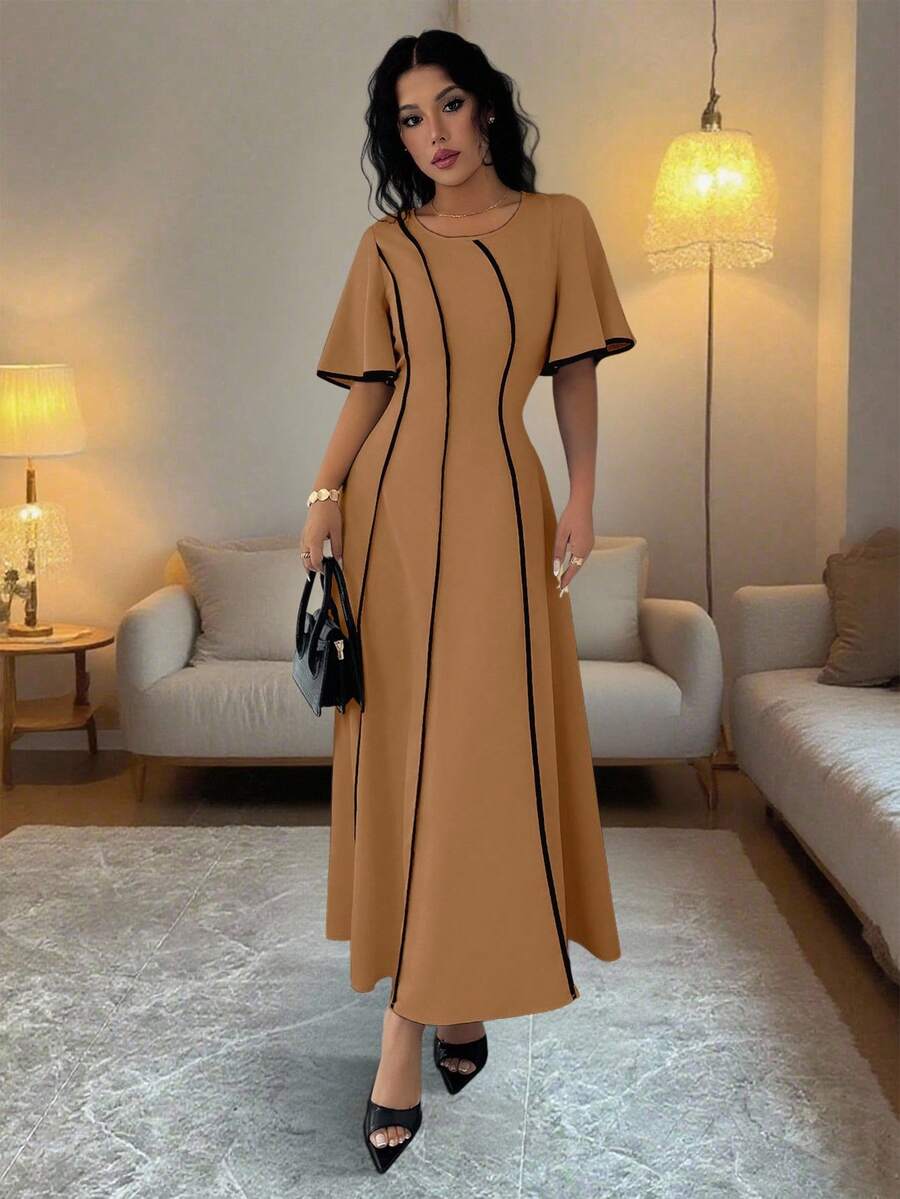 Rafferiza 女士常规夏季新款圆领短袖连衣裙,黑色撞色滚边,收腰设计,优雅长裙,适合外出、家庭聚会等场合,百搭实用 - 卡其色 - 查看 1