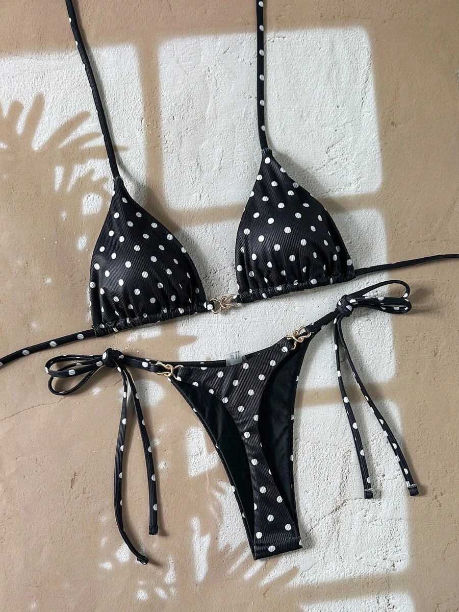 Swim Vcay 2pcs/Set Women's Beach Summer Outfits, Leopard Print Random Pattern Gold Accessories Halter Top And Side Tie Bikini Swimsuit Set - Multicolor - View 1