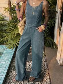 DAZY Bộ áo liền quần không tay cổ tròn dành cho nữ, bộ áo liền quần denim wash kiểu dáng thường ngày. - Màu xanh lam - Xem 3