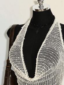 SHEIN ICON 2000 夏季女士外出乡村风露背纯色垂褶领无袖露脐性感吊带背心 - 米色 - 查看 6