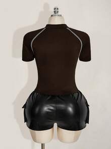 SHEIN ICON 大码女式条纹撞色镂空拉链短袖T恤 - 棕色 - 查看 2