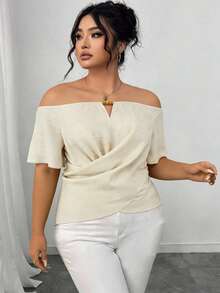 INAWLY Plus Size Women Solid Color Off-Shoulder Ruched Casual Versatile Daily Wear Top - Apricot - View 3
