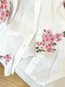 Airaco Camisa de mujer de manga larga con botones, de estilo casual y romántico, con bordado floral - Blanco - Ver 4