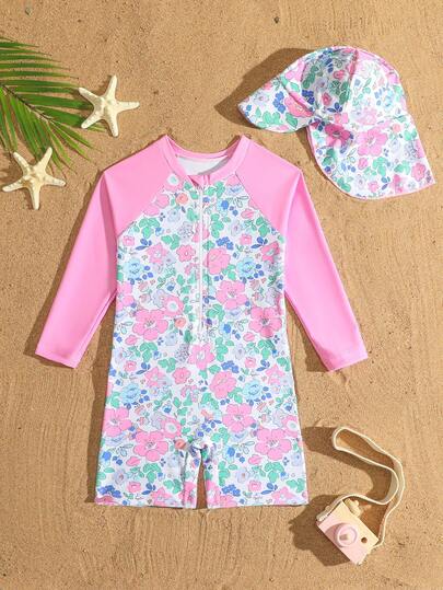 SHEIN 2pcs/Set Young Girl Colorful Floral Print Long Sleeve Rash Guard & Cute Hat, Swimwear & Holiday Outfit