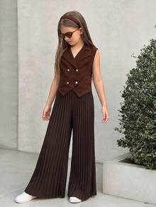 SHEIN Nova Glow 少女都市校园风 V 领无袖背心上衣和阔腿褶皱长裤套装 - 咖啡棕 - 查看 3