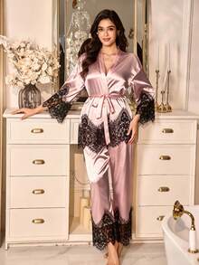 LuxeNights 两件套女士丝滑缎面优雅长袖睡衣套装，带蕾丝边，适合所有季节 - 粉色 - 查看 3