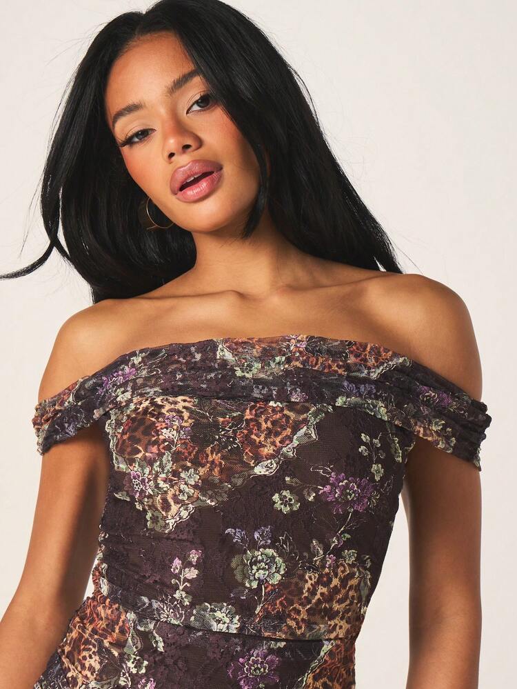 MISSGUIDED Women Leopard Print Off Shoulder Bardot Tie Detail Mini Dress Bodycon Party Evening Ruched Stretchy Short Dress Fall Winter