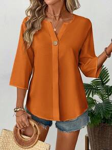 Balvessa Áo cánh trơn màu đơn giản cổ chữ V tay 3/4 dành cho nữ khi đi làm - trái cam - Xem 4