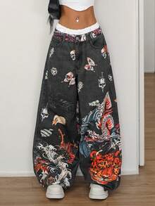 StreetHx 女士骷髅图案口袋阔腿休闲牛仔裤 - 藍色 - 查看 2