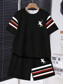 SHEIN Bộ đồ thể thao thoải mái, tối giản dành cho bé trai tuổi teen: áo thun cổ tròn tay ngắn và quần short. - Nhiều màu - Xem 2