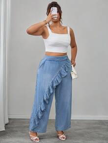 Elenzga Celana Jeans Denim Washed Kasual Wanita Ukuran Plus dengan Hem Bergelombang, Serbaguna untuk Pakaian Sehari-hari, Formal, Liburan, Biru Muda, Musim Panas - Light Wash - View 5