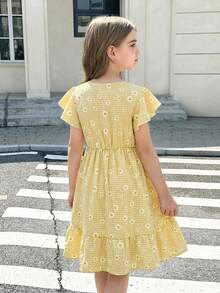 SHEIN Vestido Casual com Decote em V, Manga Bufante, Cinto e Saia em A para Meninas Pré-Adolescentes, com Estampa Floral Verde - Amarelo - Visão 2