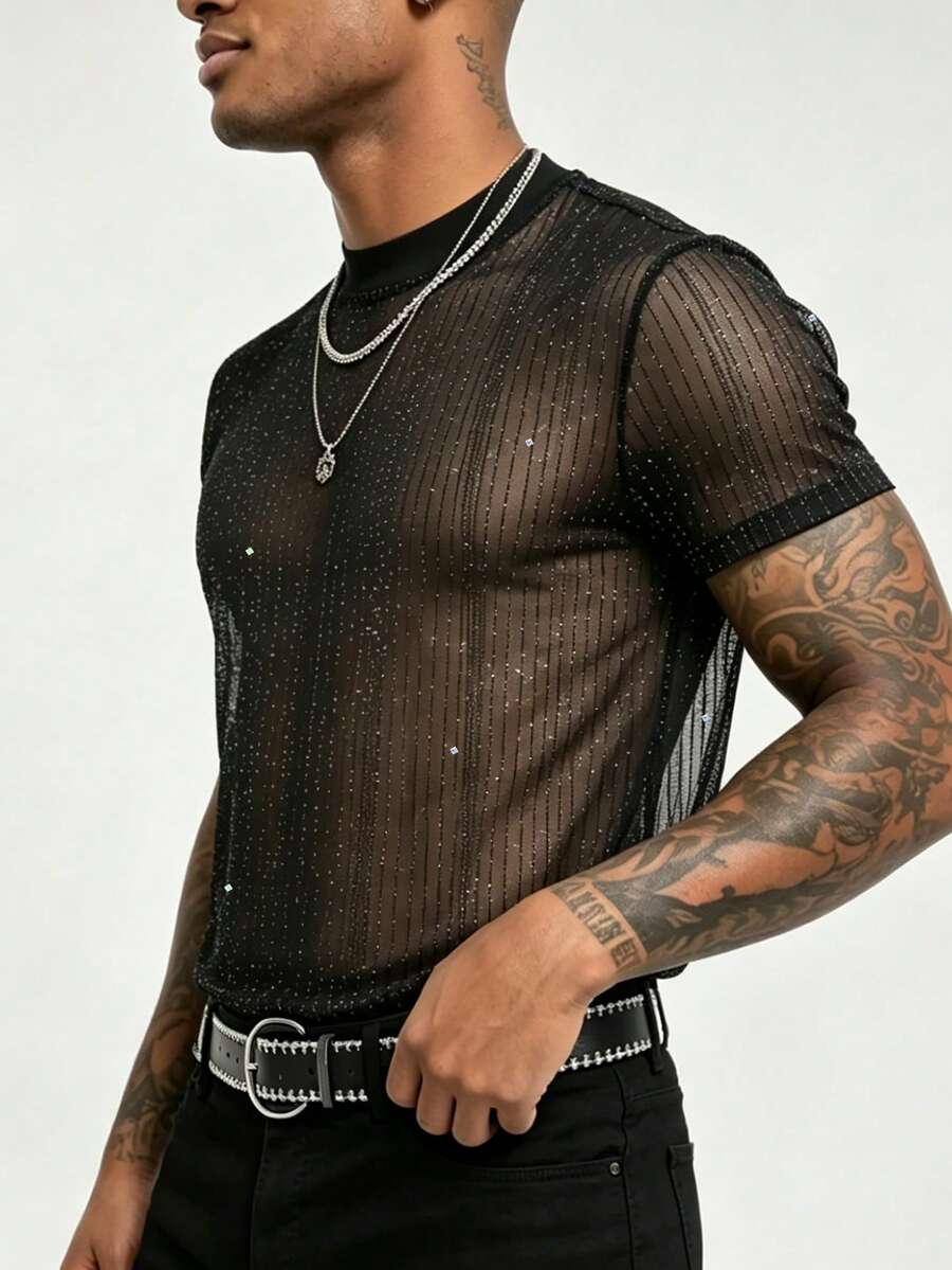 Manfinity Dauomo Men's Shiny Mesh Round Neck Short Sleeve Top - Black - View 1