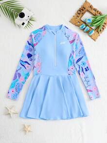 SHEIN Áo tắm liền thân dài tay in hoa dành cho thiếu nữ, thích hợp cho kỳ nghỉ biển, tiệc bể bơi, tiệc bãi biển. - Màu xanh lam - Xem 1