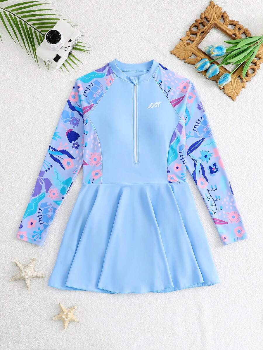 SHEIN Áo tắm liền thân dài tay in hoa dành cho thiếu nữ, thích hợp cho kỳ nghỉ biển, tiệc bể bơi, tiệc bãi biển. - Màu xanh lam - Xem 1