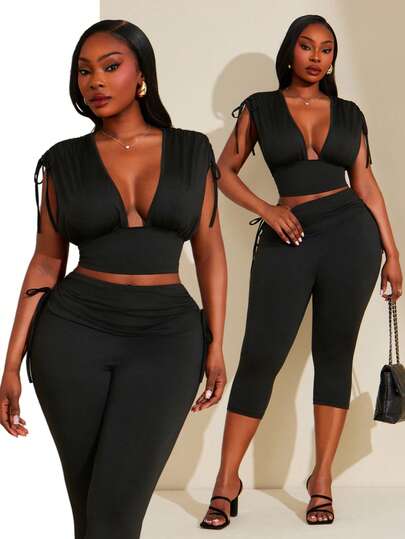 Radiana Plus Size Women Deep V-Neck Solid Top And Skinny Leggings Casual Daily Outfit