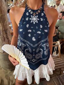 Firerie Women's Vacation Cashew Pattern Asymmetrical Hem Halter Top Beach Navy Blue Floral Summer Boho - Multicolor - View 7