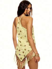 MUSERA Đầm tam giác buộc dây cổ yếm, đính sequin và hạt cườm, tua rua, dễ thương, gợi cảm, thích hợp cho mùa hè, mùa xuân, kỳ nghỉ, đi chơi, dự tiệc. - màu xanh lá - Xem 4