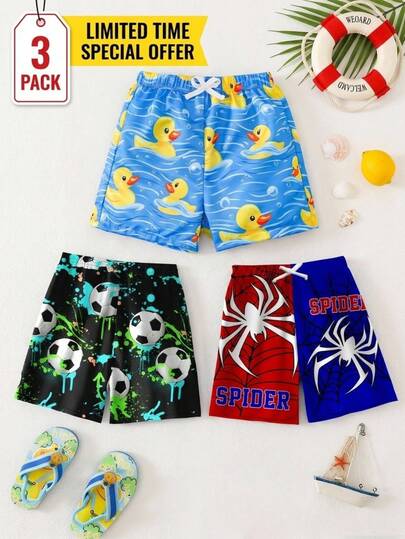 SHEIN Kids/Tween Boys' Casual Striped Versatile Comfortable Coconut Tree Print Patchwork Loose Lining Swim Trunks Beach Shorts