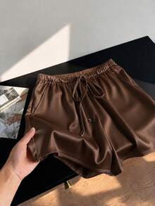 GlowEve Quần short nữ thời trang, thanh lịch, màu trơn, cạp cao, lưng thun, có dây buộc, túi chéo, dáng rộng, thoải mái, mặc hàng ngày. - Cà phê nâu - Xem 6