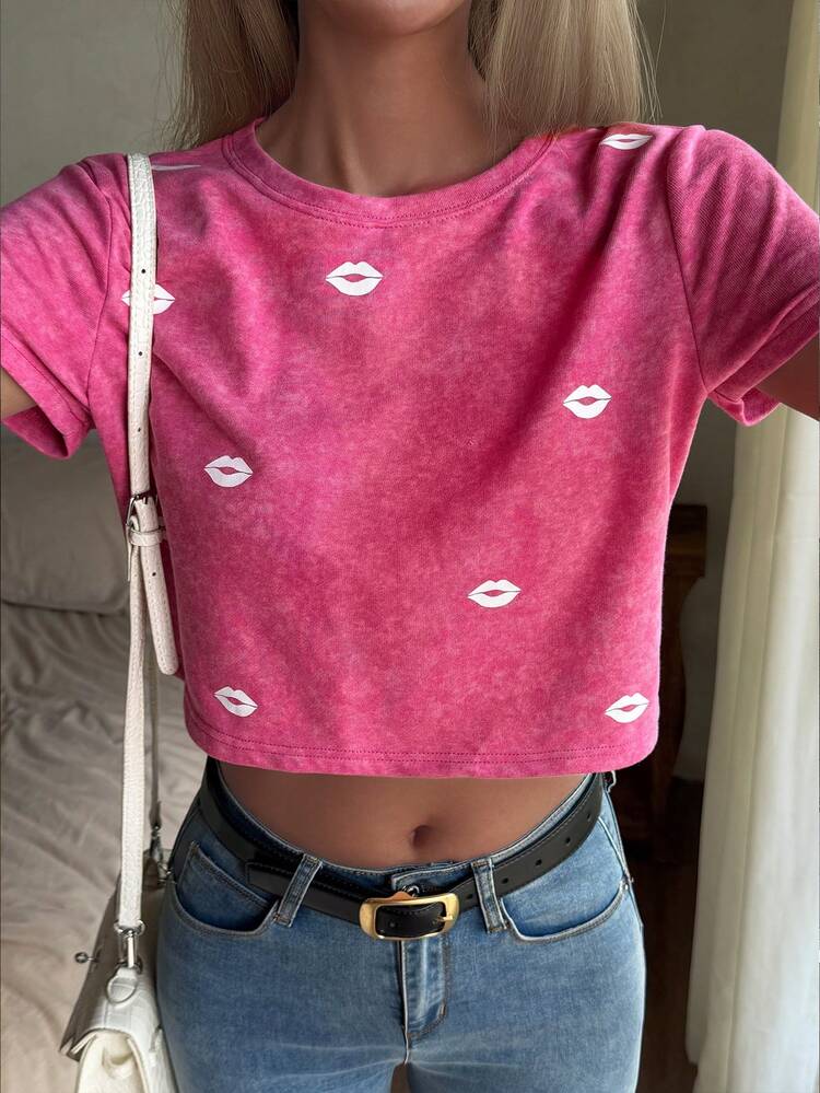 Women's Short Sleeve Loose Fit Allover Print Casual Street T-Shirt, Fuchsia