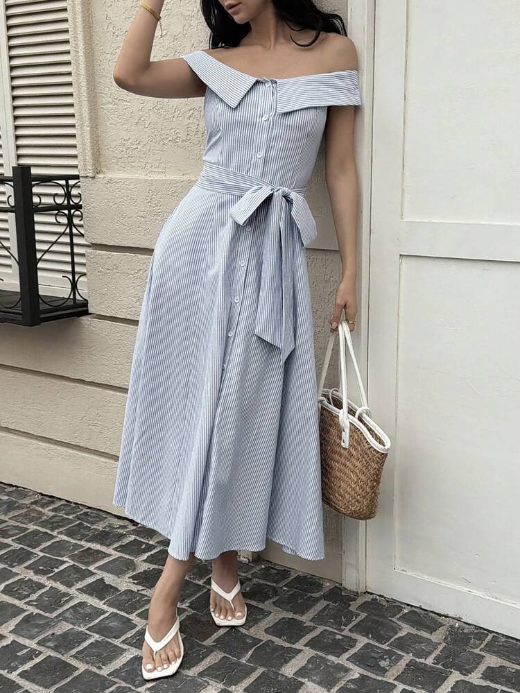 Women's Blue Striped Strapless Bow Tie Sleeveless Dress, Suitable For Spring And Summer Sun Dresses For Women