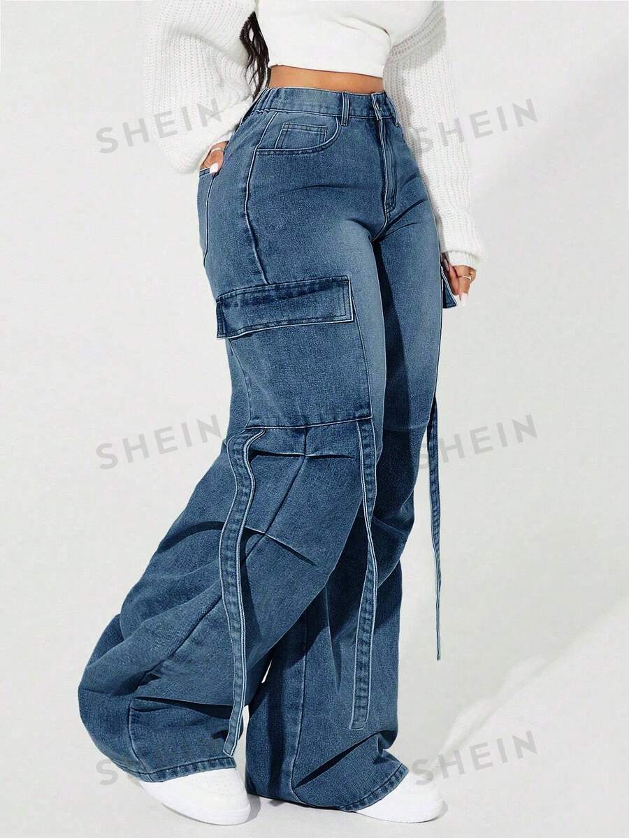 SHEIN SXY 女士休闲时尚街头风日常通勤翻盖口袋阔腿牛仔裤 - 藍色 - 查看 1