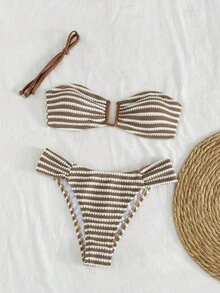 SHEIN Swim 棕色兩件式泳衣，紋理布料，可拆式肩帶平口掛脖式，側褶 U 型深 V 領，夏季休閒度假泳池派對度假款 - 棕色 - 查看 7