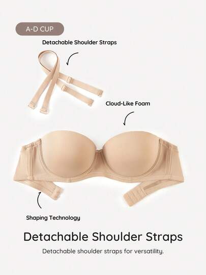 Bralution Women's Casual Backless Strapless Bra With Padding Apricot Plain Fabric Underwear